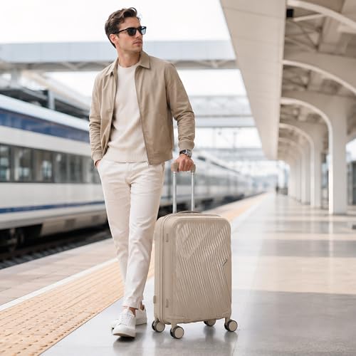 20” Carry On Luggage with TSA Lock, Airline Approved 22x14x9 Hardside Suitcase, Lightweight PP Rolling Travel Luggage with Silent Spinner Wheels and Anti-Burst Zipper (Khaki Diagonal Stripe) - color: Khaki Diagonal Stripe