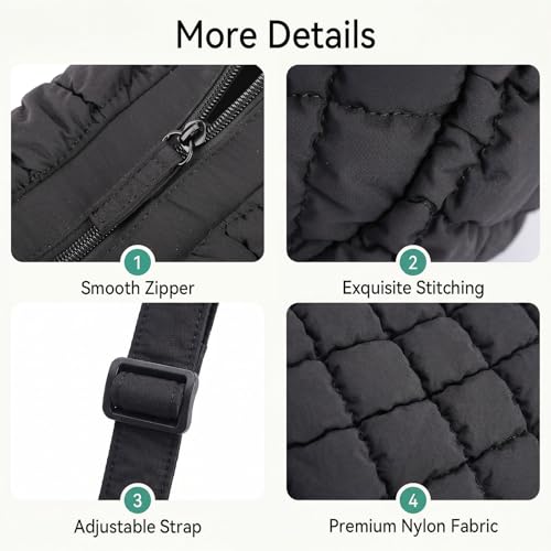 Puffer Crossbody Hobo Bag for Women Nylon Quilted Purse Lightweight Shoulder Handbag with Adjustable Strap - color: 02-black
