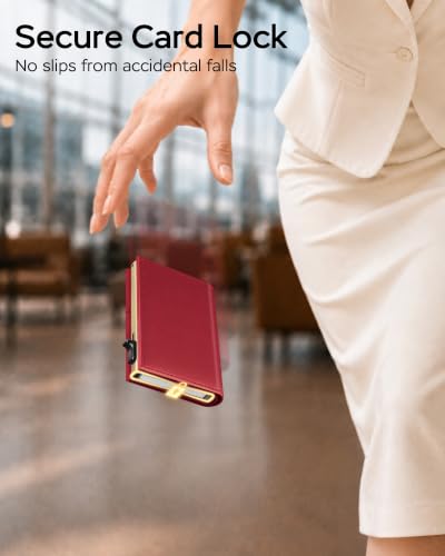 RFID Wallet Women Slim Small Minimalist Metal Pop Up Credit Card Holder - color: Ruby