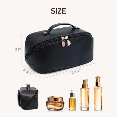 Large Capacity Cosmetic Bag for Women, Waterproof PU Leather Makeup Bag for Travel,Toiletry Bag Make up Organizer with Divider and Handle (Black) - color: Black