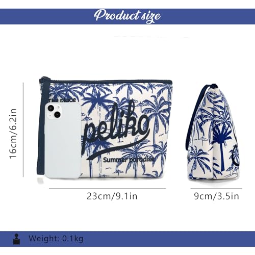 Makeup Bag with Wrist Strap, Waterproof Neoprene Cosmetic Pouch, Travel Toiletry Bag for Women, Compact for Purse - color: Indigo Palm Toile