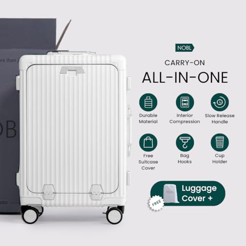 Nobl Travel Carry on Luggage, Zipperless Aluminum Frame, TSA Locks | PC Hard Shell Suitcase, Airline Approved, 360° Spinner Wheels, USB Charging Port, Cup & Phone Holder, 22.5x15x9.5, Ivory - color: Ivory