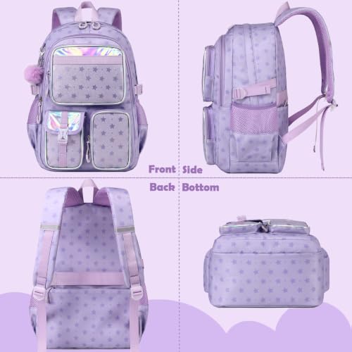 Kimwadalh Glitter Backpack with Plush Pendants for School Girls - color: Bling Star Purple