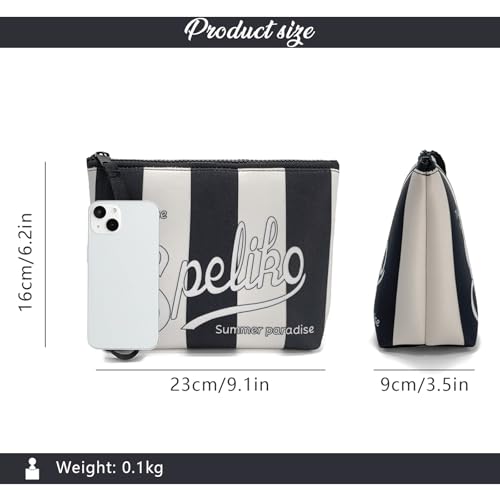Makeup Bag with Wrist Strap, Waterproof Neoprene Cosmetic Pouch, Travel Toiletry Bag for Women, Compact for Purse - color: Black & White