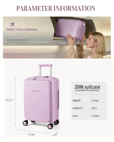 Timeet Carry On Luggage, 20 Inch Airline Approved Matte PC Hard Shell Suitcase with Front Open Compartment, TSA008 Lock, Built-in USB Charging, Lightweight Silent Spinner Wheels, Hot Pink - color: Hot Pink, size: 20 inch front open