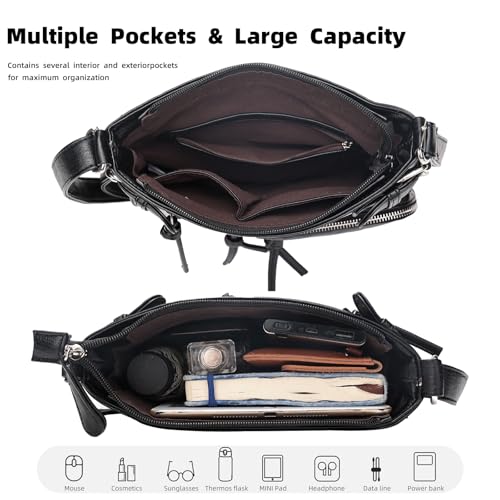 KouLi Buir Crossbody Bag for Women, Leather Purse with Adjustable Strap Lightweight Shoulder Bag with Zipper Pockets - color: Balck