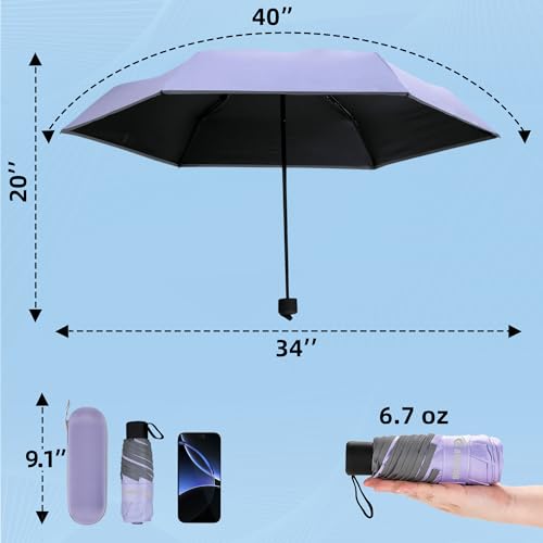 GAOYAING Compact Travel Umbrella with Reflective Safety Strips (300ft Visibility) - Ultra Portable 6.9" Folded Windproof Rain & Sun Umbrella UPF 50+ for Men Women - color: Purple