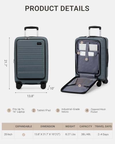 TAKUMI Suitcases with Wheels, Expandable Carry on Luggage, Navy, 20 Inch - color: Navy, size: 20 Inch - Single