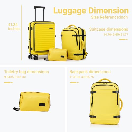 Rosamo 3 Piece Carry On Luggage Set, 20 Inch Front Opening Hardside Suitcase, Spinner Wheels, TSA Lock - color: Yellow