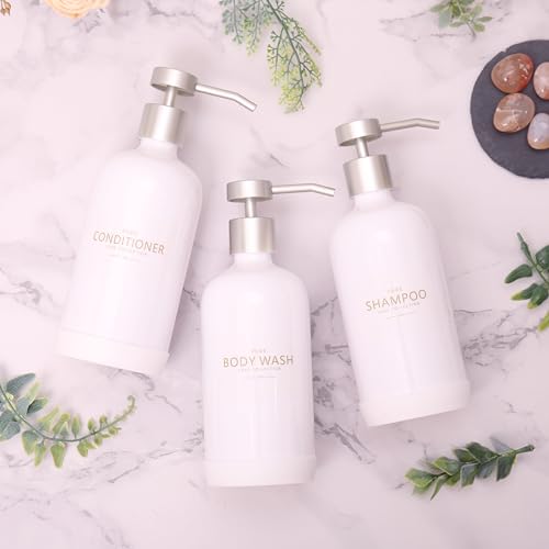 Shampoo and Conditioner Dispenser Set of 3 - color: White Bottles + Silver Pumps