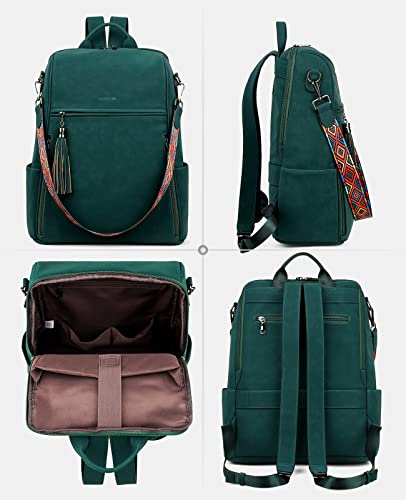 FADEON Leather Laptop Backpack for Women, 15.6 inch, Travel Work Bag - color: 2 Dark Green Nubuck Style