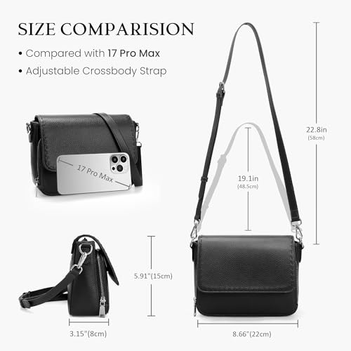 befen Genuine Leather Crossbody Bags for Women Medium Purse with Built in RFID Wallets Womens Cross Body Travel Purses - color: Black