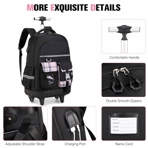 ACESAK 3PCS Rolling Backpack for Girls Children, Girls Backpack with Wheels - color: Black