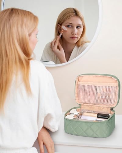 Relavel 여행용 메이크업 가방, 메이크업 브러시 홀더 2개가 있는 여아용 화장품 가방, 여성용 휴대용 메이크업 파우치, 이중 레이어 오거나이저가 있는 귀여운 세면도구 가방 - 그린 - color: 01-그린, size: 소형