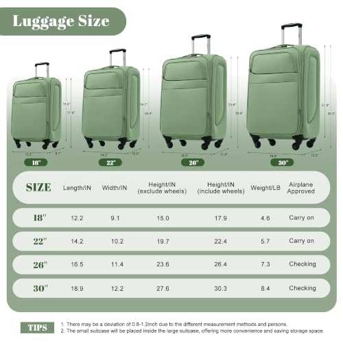 Merax 4-Piece Expandable Luggage Set,Softside Suitcase,Light Green - color: Light Green+18IN, style: Softside Luggage(22/26/30)