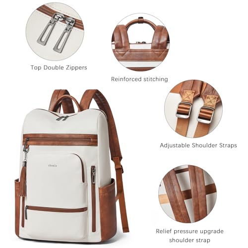 Shrrie Upgraded 17 inch Leather Laptop Backpack for Women - color: Beige With Brown