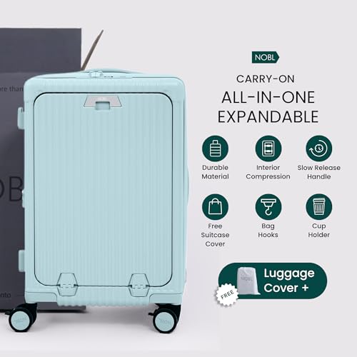 Nobl Travel Carry on Expandable Luggage, Aluminum Frame Hard Shell Suitcase | Airline Approved 22.5"x14.2"x9.8", 360° Spinner Wheels, TSA Locks, USB Charging, Cup & Phone Holder, PC Shell, Powder Blue - color: Powder Blue