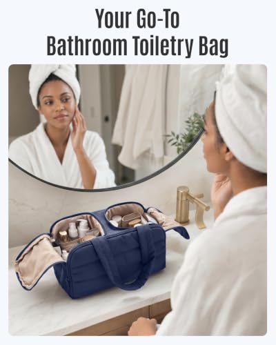LIGHT FLIGHT Travel Toiletry Bag, Quilted Travel Makeup Cosmetic Bag Organizer, Toiletry Bags for Traveling Women, Make up Bag with Handle, Navy Blue - color: Navy Blue