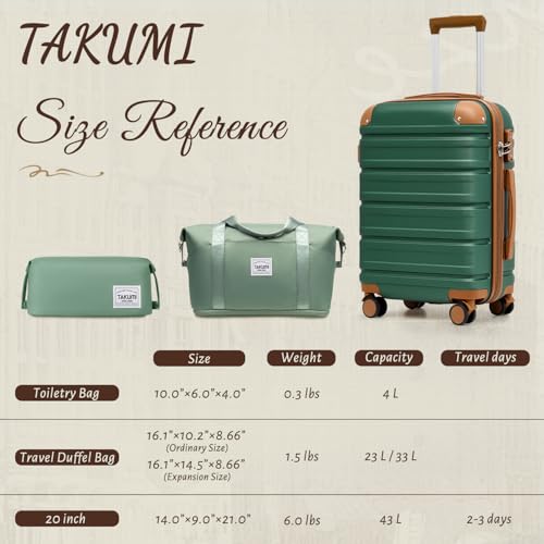 TAKUMI Carry On Luggage Set 3 Piece ABS+PC Hardshell Suitcases with Duffel Bag Double Spinner Wheels Travel Luggage with TSA Lock Lightweight Suitcase Set(GREEN BROWN, 3 PIECE SET(20/DB/TB)) - color: GREEN BROWN, size: 3 Piece Set(DB)