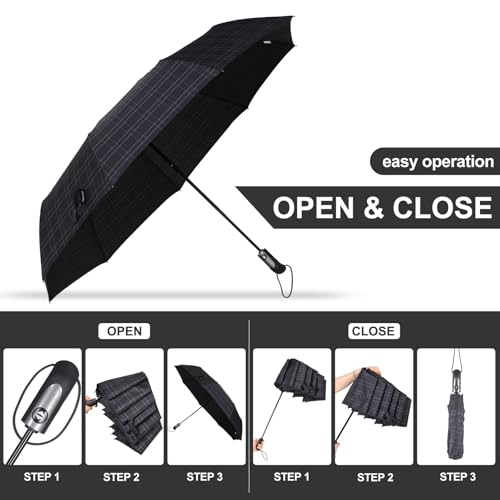 54 inch Large Compact Travel Umbrella 3 Folding Umbrellas for Rain Oversized Auto Open Close Foldable Vented Double Windproof Telescopic 9 Ribs Sturdy Large Size - color: Checked(293)