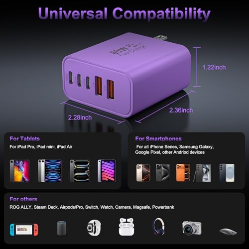 USB C 고속 벽 충전기 블록, 60W USBC 충전 큐브 2팩, 5포트 PD+QC 전원 어댑터 멀티포트 브릭 타입 C 박스 플러그 휴대폰 17/16/15/14/13/12/11/프로 맥스/플러스, 패드 미니/프로/S25/S24-퍼플 - color: 퍼플-2팩