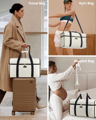 LOVEVOOK Travel Duffle Bag - Weekender & Overnight Bag with Toiletry & Wet Pocket, Carry-On Size, 3pc Set - color: Beige-Black, size: Large