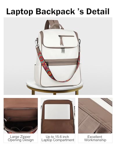 FADEON Laptop Backpack for Women, Vegan Leather 15.6 inch Computer bag - color: White Retro Style