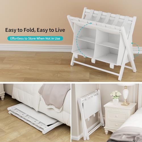 White Bamboo Luggage Rack with 4 Storage Compartments, Foldable Suitcase Stand, Luggage Rack for Guest Room, 150lbs Capacity, Sturdy - color: White 1 Pcs