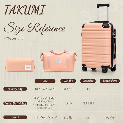 TAKUMI Carry On Luggage Set 3 Piece ABS+PC Hardshell Suitcases with Duffel Bag Double Spinner Wheels Travel Luggage with TSA Lock Lightweight Suitcase Set(PINK, 3 PIECE SET(20/DB/TB)) - color: PINK, size: 3 Piece Set(DB)