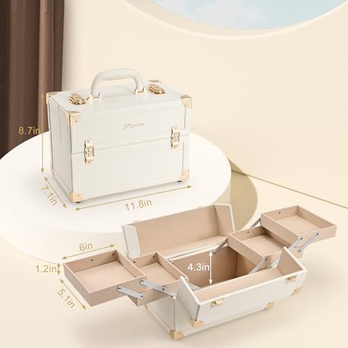 Joligrace Makeup Train Case Large Portable Cosmetic Makeup Storage Box Organizer Lockable with 4 Tray Compartments Retro Champagne Beige Vegan Leather