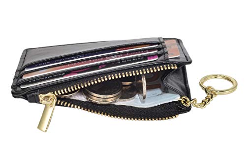 woogwin Slim RFID Credit Card Holder for Women Mini Front Pocket Wallet Purse With Keychain - color: Oil Black
