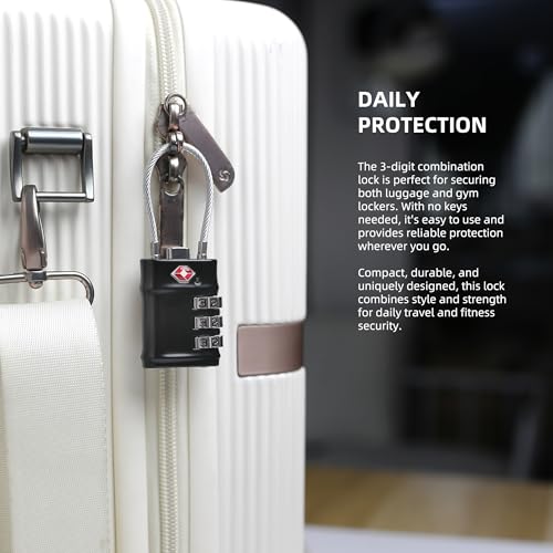 Luggage Locks TSA Approved Travel Essentials, TSA Locks for Luggage, 3 Digit Combination Padlock with Code, Combo Small Padlock for Suitcase, Backpack, Bag Zipper, Locker, Gun Case, 1-Pack - color: Black, style: Flexible Cable