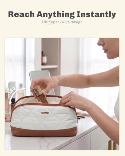 Hynes Eagle Travel Makeup Bag for Women Puffy Cosmetic Organizer Pouch Open Flat Toiletry Bag for Toiletries Brushes Structured Base White - color: White