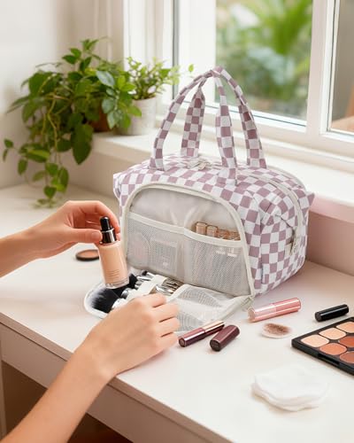 Narwey Travel Toiletry Bag for Women, Large Makeup Cosmetic Organizer Bag - color: Dusty Pink Checkerboard