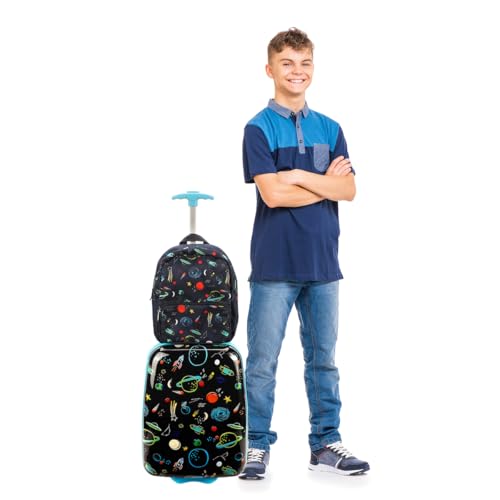 Space Printed 2-Wheel Lightweight Carry-on Luggage Suitcase with Backpack and Neck Pillow (3-Pc Set) For Boys - color: Viggio Space Printed