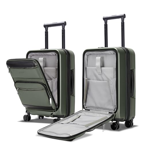 20 Inch Softside Suitcase with Spinner wheels, Carry on Luggage with & USB Port,Hybrid Soft Front & Hard Shell Large Checked Luggage with TSA Lock, Green - color: Green, size: 20 Inch