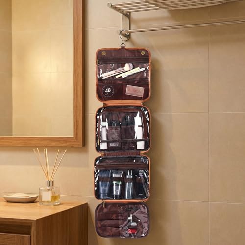 OXYEFEI Personalized Hanging Travel Toiletry Bag Gift for Men,Engraved Initial PU Leather Mens Large Toiletry Travel Essential Organizer Dopp Kit Shaving Bag for Him Birthday (T, Light Brown) - style: T