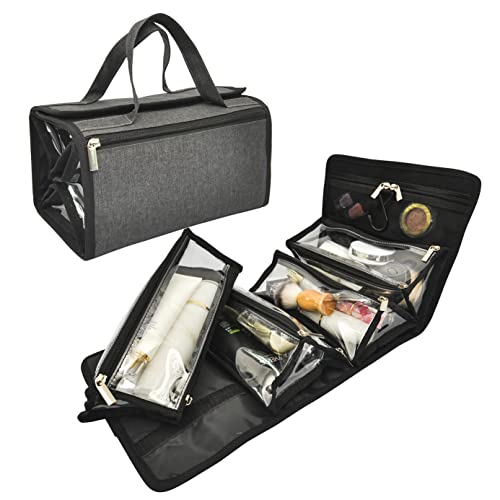 Large Capacity Hanging Eco Polyester Travel Toiletry Bag Makeup Cosmetic Bag 4-in-1 Roll-Up Make Up Storage Organizer With 4 detachable Removable Zipper Clear TPU Pouches & Hook
