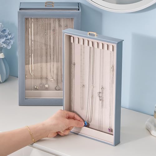 Lolalet Necklace Organizer Box, Jewelry Display Case, Blue, 3 Layers - color: Dusty Blue, size: 3 Layers, 30 Hooks