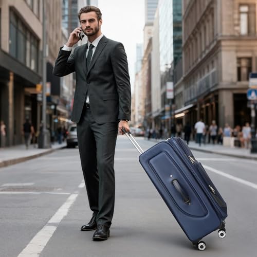 28" Checked Luggage,Softside Luggage w/4 Spinner Wheels - color: Navy-Grey, size: Checked-Large 28-Inch