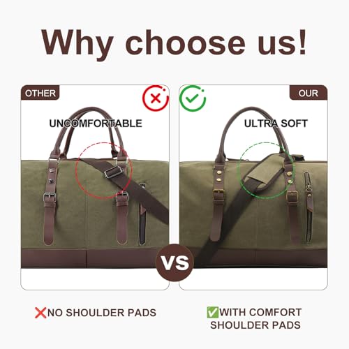 55L Canvas Duffle Bag for Men, Carry On Travel Weekender Overnight Bag - color: Green