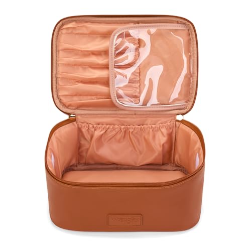 Wrangler Travel Makeup Bag 2pcs Set Cosmetic Bag with Makeup Brush Holder | Portable Make Up Organizer,Large Toiletry Bag with Divider and Handle for Women - color: Light Brown