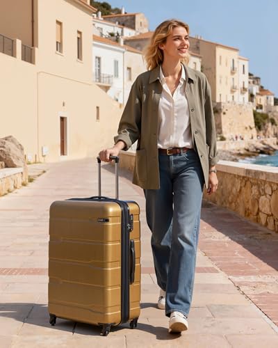 Coolife Large Checked Luggage Hardside Suitcase with Spinner Wheels, 28in - color: Black Brown, size: Large Checked(28in)