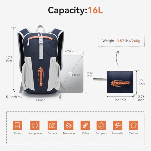 CROSS GEAR 16L Foldable Hiking Backpack, RFID Protection, Lightweight Waterproof Daypack, Packable Backpacks for Women Men, Small Hiking Daypack for Camping Travel Outdoor, Navy Blue - color: 16l Navy Blue