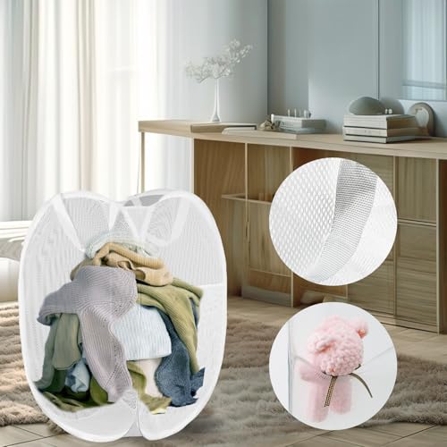 Pop Up Laundry Hamper, Mesh Laundry Basket Collapsible, Foldable Hamper for Travel and Storage (White) - color: White