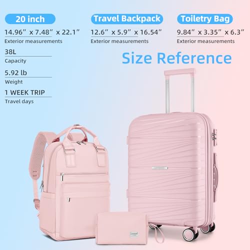 LARVENDER 수하물 세트 3피스, 더플 백 및 세면도구 가방 포함 50.8cm(20인치), 라이트 핑크-BP - color: 라이트 핑크-BP, size: 3 Piece Set (20/BP/TB)