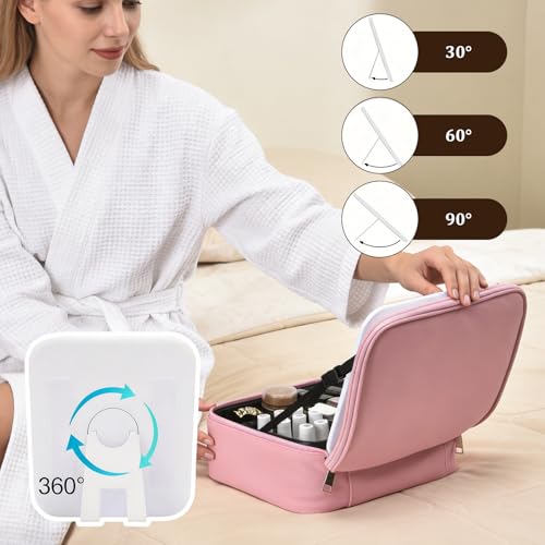Travel Makeup Bag with Mirror & 6 Adjustable EVA Dividers, Hot Pink - color: Hot Pink-6 Dividers