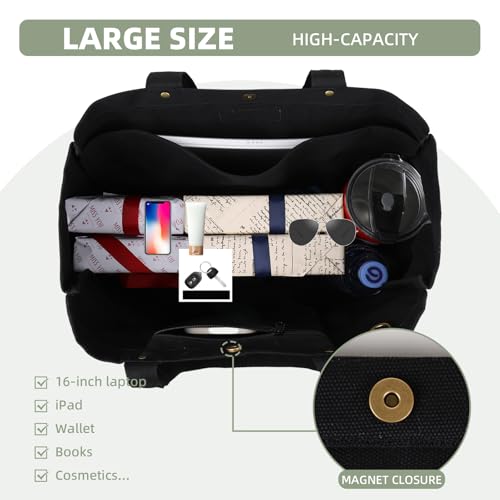 Large Canvas Tote Bag for Women,Casual Spacious Shoulder Bag - color: Black