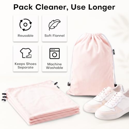 4 Pack Flannel Cloth Shoe Bags for Travel & Packing for Women & Men - color: Light Pink