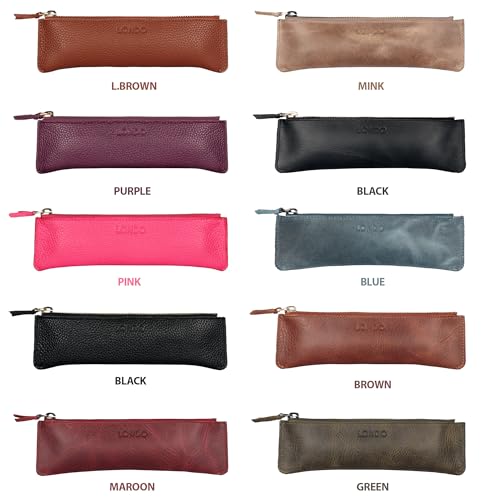 Londo Top Grain Leather Pen Case with Zipper Closure, Pencil Pouch Stationery Bag - color: Green